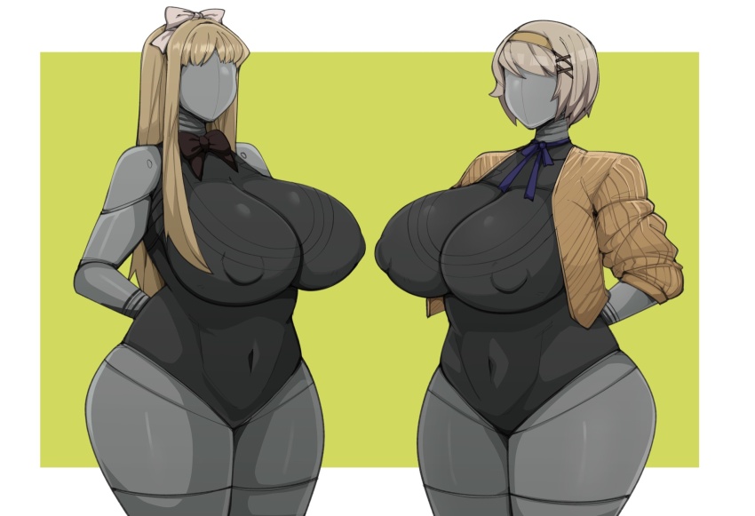 2girls atomic_heart axis_powers_hetalia belarus_(hetalia) blonde_hair border breasts faceless faceless_female female_focus green_background hair_ornament highres huge_breasts long_hair multiple_girls navel nipples no_humans robot robot_girl shiny_skin short_hair siblings sisters standing the_twins_(atomic_heart) thick_thighs thighs ukraine_(hetalia) white_border wide_hips x_hair_ornament zeruxu