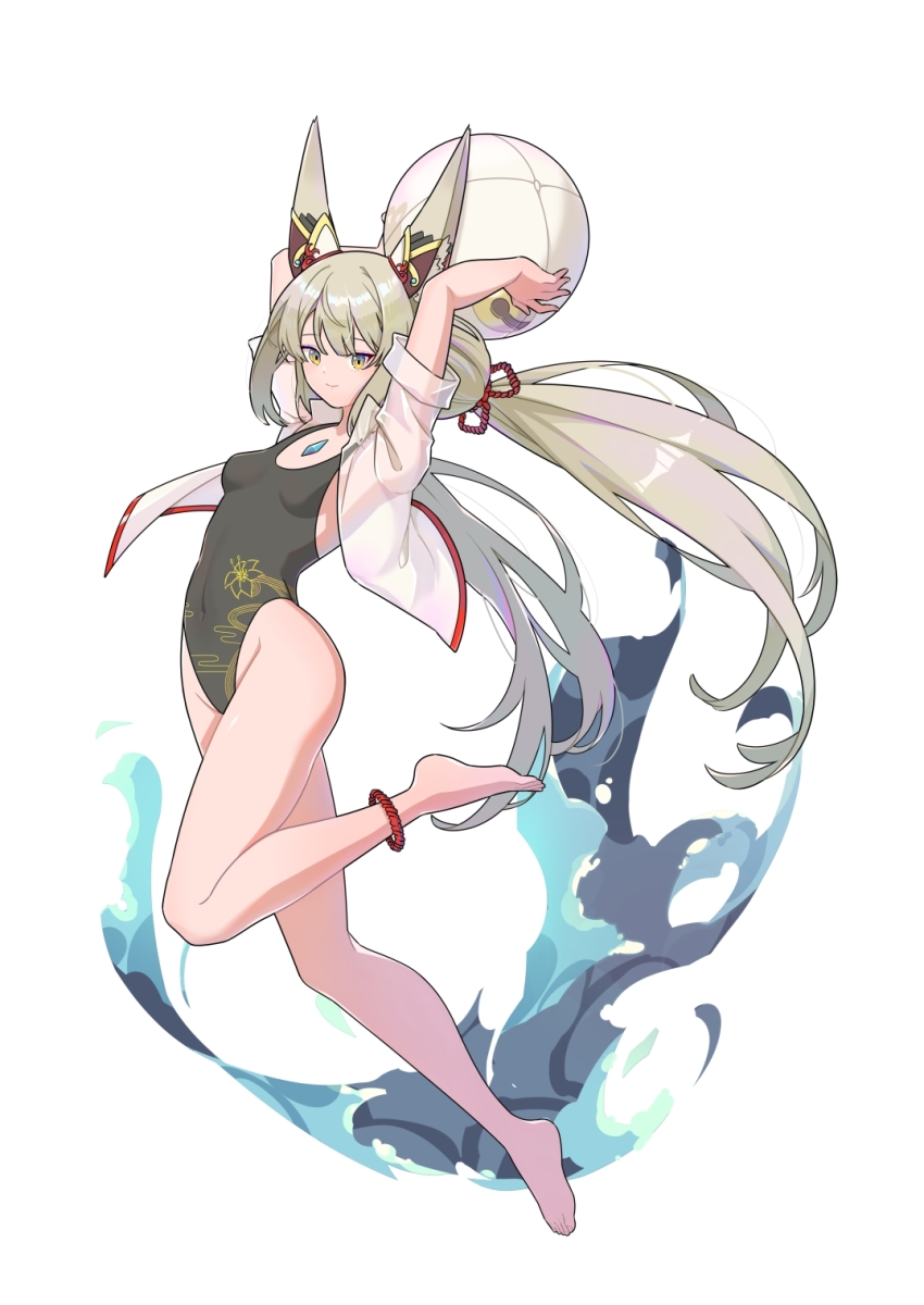 1girl animal_ears ball beachball black_leotard breasts cat_ears chest_jewel facial_mark grey_hair hehe_jun highres leotard long_hair low_twintails nia_(blade)_(xenoblade) nia_(xenoblade) one-piece_swimsuit open_clothes open_shirt see-through_clothes see-through_shirt shirt small_breasts solo swimsuit twintails very_long_hair xenoblade_chronicles_(series) xenoblade_chronicles_2 yellow_eyes