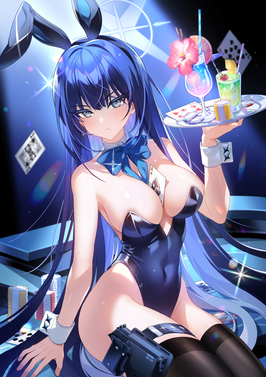 1girl absurdres ace_(playing_card) ace_of_diamonds alternate_costume animal_ears between_breasts black_hair black_leotard black_thighhighs blue_archive blue_bow blue_bowtie blue_eyes blue_halo blue_leotard bow bowtie breasts card card_between_breasts commentary_request covered_navel cup detached_collar diamond_(shape) drink drinking_glass drinking_straw fake_animal_ears feet_out_of_frame halo highleg highleg_leotard highres holding holding_tray holster large_breasts leotard long_hair looking_at_viewer playboy_bunny playing_card poker_chip queen_(playing_card) queen_of_spades_(playing_card) rabbit_ears sanjidohu saori_(blue_archive) sitting six_of_hearts solo strapless strapless_leotard sweat ten_of_spades thigh_holster thigh_strap thighhighs thighs tray weapon_case white_wrist_cuffs wrist_cuffs