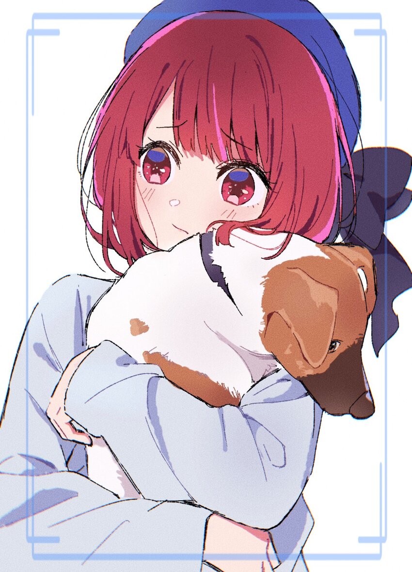 1girl animal arima_kana beret blue_hat blush bob_cut commentary derivative_work dog hat hat_ribbon highres holding holding_animal inverted_bob looking_ahead oshi_no_ko photo-referenced red_eyes red_hair ribbon short_hair solo sweater upper_body white_background worried yamabukiyuki