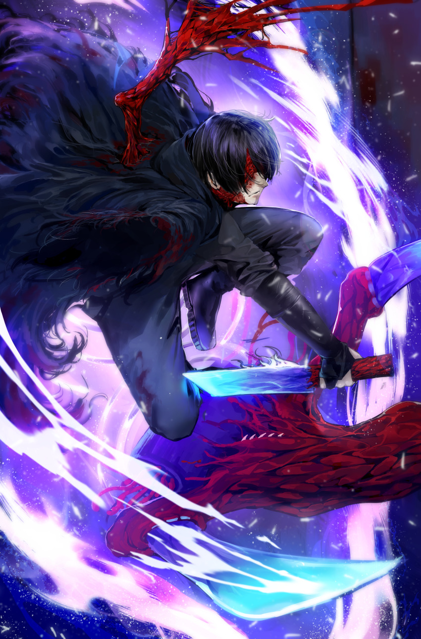 1boy absurdres black_boots black_gloves black_hair black_pants blue_coat boots coat coat_on_shoulders dagger dimension_shredder_(e.g.o) e.g.o_(project_moon) energy_weapon flesh gloves highres holding holding_dagger holding_knife holding_weapon jumping knife limbus_company lubban pants portal_(object) project_moon solo torn_clothes wayward_passenger weapon yi_sang_(project_moon)