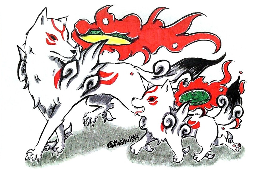 amaterasu_(ookami) black_eyes chibiterasu fire looking_at_another mother_and_son ookami_(game) tongue tongue_out wolf