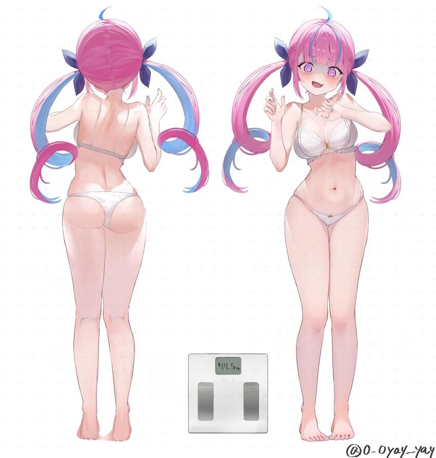 00s1g00 1girl @_@ absurdres ass bra butt_crack feet highres hololive minato_aqua pink_hair tagme underwear virtual_youtuber weighing_scale