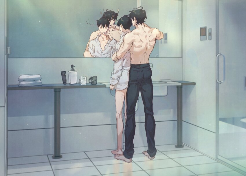 2boys barefoot bathroom black_hair brushing_teeth closed_eyes cup full_body highres indoors kim_dokja looking_at_reflection making_board male_focus mirror multiple_boys no_pants no_shirt omniscient_reader&#039;s_viewpoint oversized_clothes oversized_shirt pectoral_cleavage pectorals shirt short_hair shower_(place) sleepy soap_bottle sparkle standing tile_floor tiles towel white_shirt yaoi yoo_joonghyuk