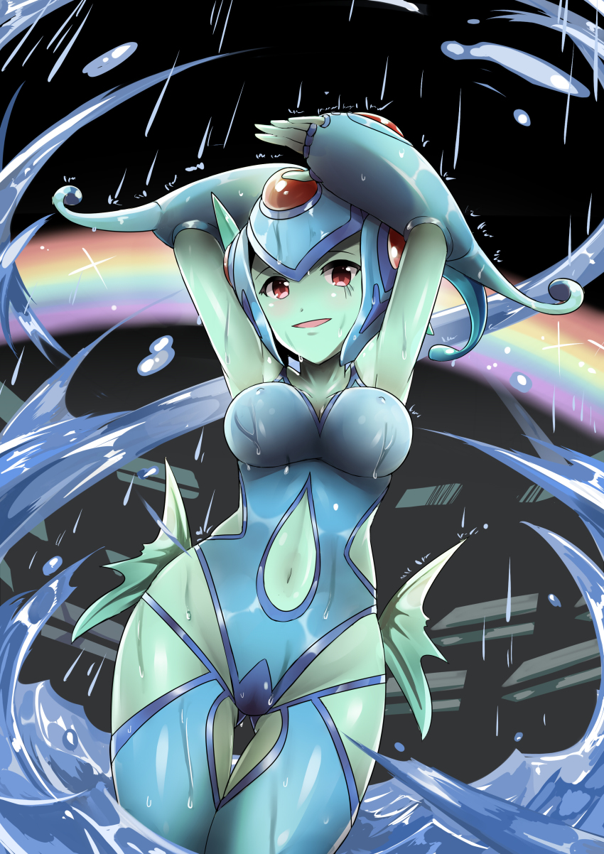 1girl :d absurdres armpits arms_up bare_shoulders black_background blue_headwear blue_legwear blue_one-piece_swimsuit blush breasts cleavage clothing_cutout collarbone colored_skin commentary covered_erect_nipples cowboy_shot curvy digimon digimon_(creature) digimon_frontier english_commentary fingerless_gloves fins gloves gluteal_fold green_skin groin highres large_breasts looking_at_viewer navel navel_cutout one-piece_swimsuit open_mouth rain rainbow ranamon red_eyes side_cutout smile solo standing sudhiro_sappurisa swimsuit thigh_gap wading water wide_hips