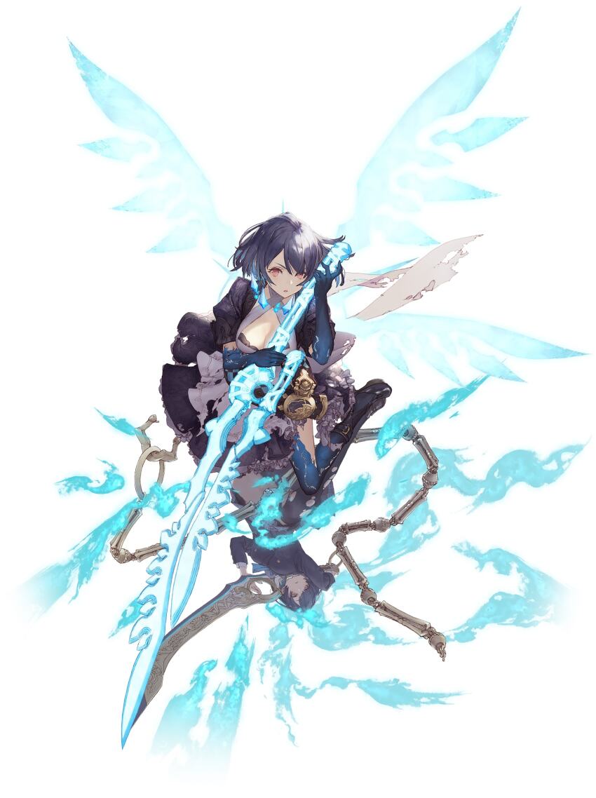 2girls absurdres alice_(sinoalice) black_dress blazer blue_fire blue_hair breasts cleavage convenient_censoring criss-cross_halter dress dual_persona elbow_gloves fire gloves halterneck high_heels highres holding holding_sword holding_weapon jacket ji_no key_visual multiple_girls official_art orange_hair pantyhose parted_lips pleated_skirt promotional_art puffy_sleeves reality_arc_(sinoalice) reflection short_hair simple_background sinoalice sitting skirt sword thighhighs third-party_source torn_clothes torn_thighhighs wariza weapon white_background wings