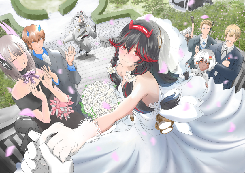 5boys 5girls absurdres bare_shoulders black_choker black_dress black_gloves black_hair black_suit blue_eyes blue_horns blue_shirt blush bodysuit book bouquet bow bowtie braid bridal_veil brown_hair character_request choker clapping closed_eyes collared_shirt commandant_(pgr) crossed_arms dark-skinned_female dark_skin dress drill_hair fake_horns floating_headgear flower formal_clothes gabriel_(pgr) gloves grey_bodysuit grey_hair grey_robe hair_between_eyes hair_ornament headphones highres holding holding_book holding_bouquet holding_hands holding_unworn_clothes holding_unworn_dress horns humanoid_robot karenina:_ember_(pgr) karenina_(pgr) lee:_palefire_(pgr) lee_(pgr) liv_(pgr) looking_at_viewer lucia:_lotus_(pgr) lucia_(pgr) luna:_laurel_(pgr) luna_(pgr) multiple_boys multiple_girls orange_eyes priest punishing:_gray_raven purple_bow purple_bowtie raven_(colonecorvus) red_eyes red_hair red_horns robe robot shirt side_braid sidelocks siscon sophia_(pgr) straight_hair suit twin_drills twintails veil wedding wedding_dress white_dress white_hair x_hair_ornament