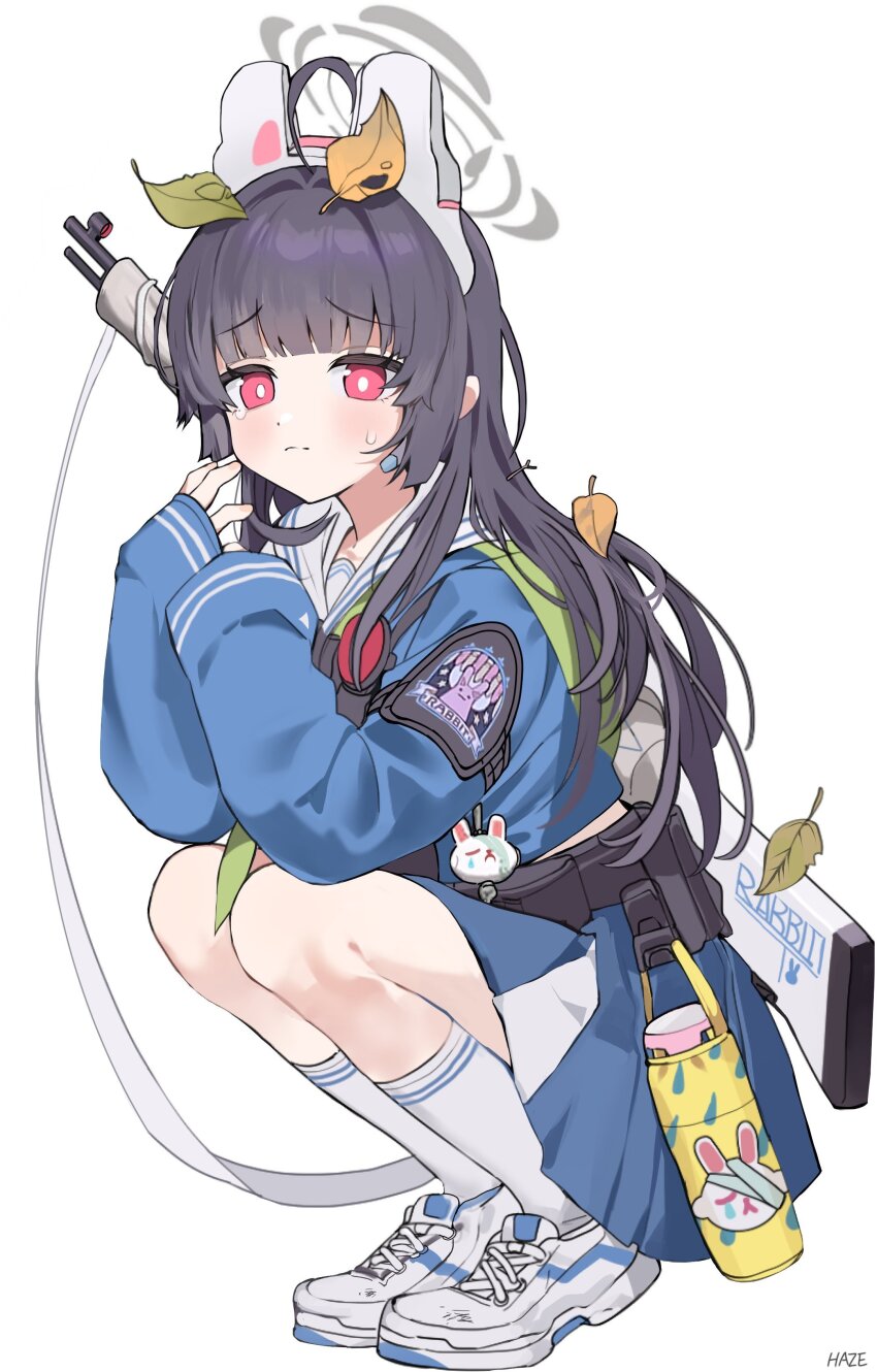 1girl absurdres animal_ears black_hair blue_archive blue_shirt blue_skirt bolt_action bright_pupils commentary fake_animal_ears gun haze_(ohw8g) highres leaf leaf_on_head looking_at_viewer miyu_(blue_archive) mosin-nagant rabbit_ears red_eyes rifle sailor_collar shirt simple_background skirt sleeves_past_wrists solo squatting tearing_up weapon white_background white_pupils white_sailor_collar