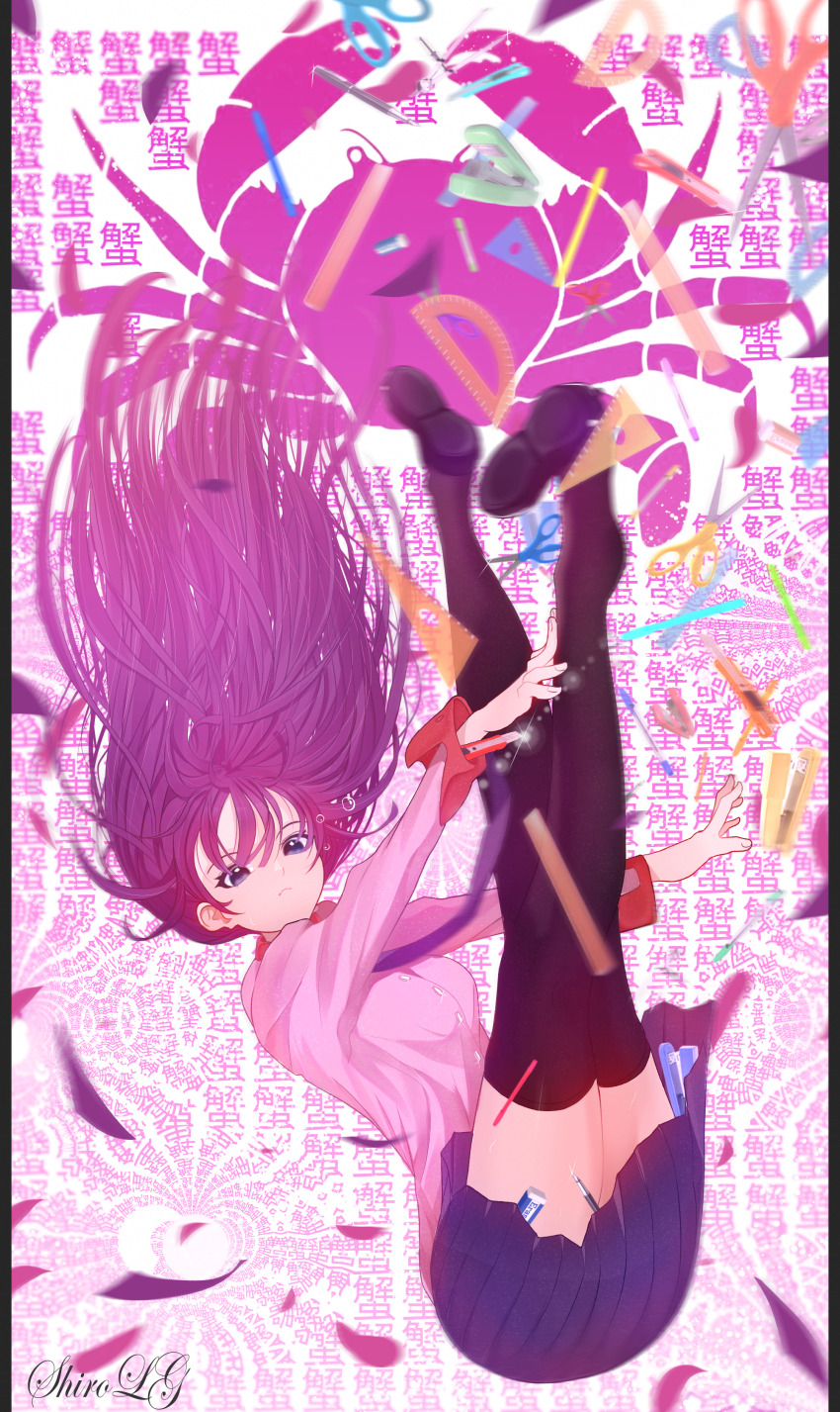 1girl absurdres artist_name bakemonogatari black_shoes black_thighhighs blue_skirt blurry boxcutter breasts closed_mouth collared_shirt commentary crossed_legs depth_of_field english_commentary eraser falling floating_hair grey_eyes hair_between_eyes highres juliet_sleeves legs legs_up lens_flare long_hair long_sleeves looking_at_viewer miniskirt mixed-language_commentary monogatari_(series) motion_blur naoetsu_high_school_uniform pink_shirt pleated_skirt puffy_sleeves purple_hair ruler school_uniform scissors senjougahara_hitagi shiro_lg01 shirt shoes skirt small_breasts solo stapler thighhighs thighs