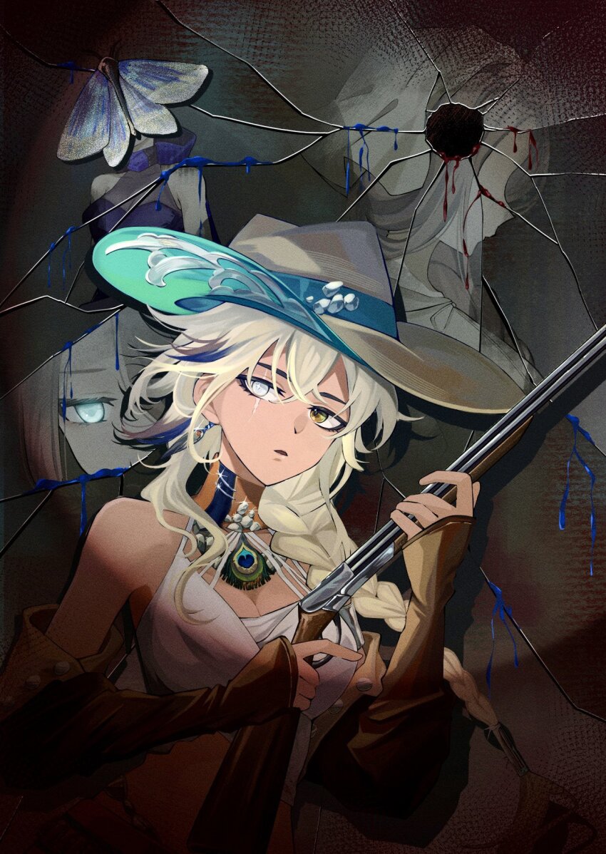 3girls ambiguous_red_liquid argus_(reverse:1999) bare_shoulders black_dress blonde_hair blue_eyes blue_liquid braid breasts broken_mirror brown_choker brown_hat brown_sleeves bug bullet_hole choker cleavage covered_face cowboy_hat detached_sleeves dress glowing glowing_eyes grey_background gun hands_up hat heterochromia highres holding holding_gun holding_weapon insect kayla_(reverse:1999) long_braid long_hair looking_to_the_side midriff minnim mirror moth ms._grace_(reverse:1999) multiple_girls peacock_feathers profile reverse:1999 rifle scar scar_across_eye scar_on_face see-through_cleavage see-through_clothes shadow single_braid sleeveless sleeveless_dress solo_focus spotlight tank_top triangle_mouth upper_body weapon white_eyes white_tank_top yellow_eyes