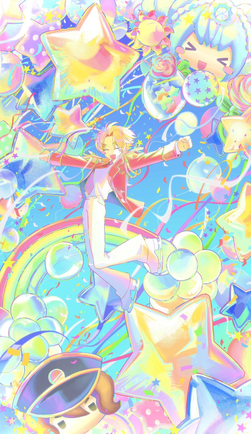 1boy :d blonde_hair blue_sky character_doll closed_eyes commentary_request confetti doll full_body highres himuro_hijiri hyeki ice_skates jacket king_of_prism korean_commentary male_focus norizuki_jin open_mouth outstretched_arms pants pretty_rhythm pretty_series rainbow red_jacket shirt shoes short_hair skates sky smile solo spread_arms star_balloon streamers too_many_balloons white_pants white_shirt white_shoes