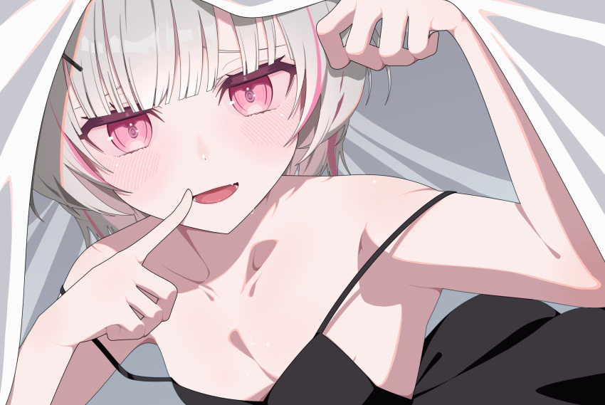 1girl armpits asumi_sena bare_shoulders breasts cleavage collarbone fang highres light_blush looking_at_viewer multicolored_hair omas_lie open_mouth pink_eyes small_breasts solo spaghetti_strap strap_slip streaked_hair under_covers virtual_youtuber vspo! white_hair