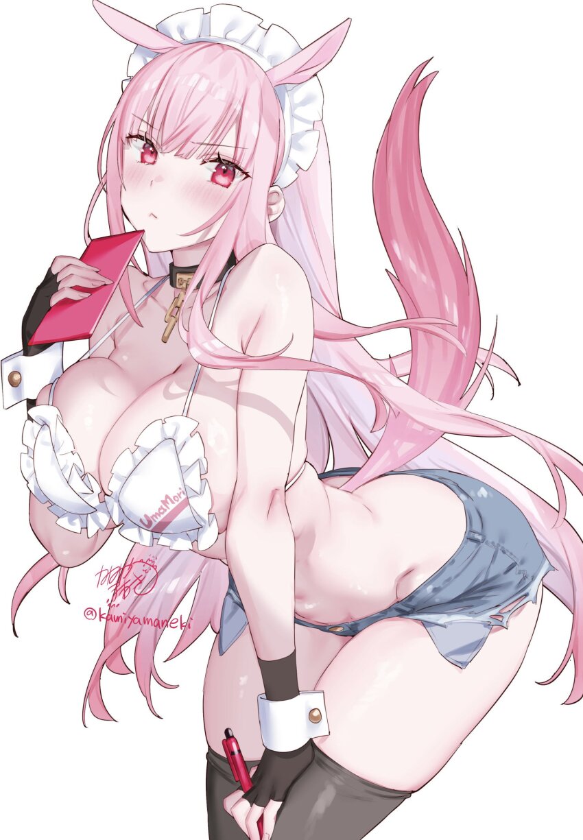 1girl :&lt; absurdres alternate_species artist_name bare_shoulders bikini black_choker black_gloves black_thighhighs blue_shorts blush breasts chain choker cleavage closed_mouth collarbone commentary english_commentary fingerless_gloves fingernails frilled_bikini frills gloves highres holding holding_pen hololive hololive_english horse_girl kamiya_maneki large_breasts leaning_forward long_hair looking_at_viewer maid_headdress mori_calliope pen pink_eyes pink_hair shorts signature simple_background solo stomach swimsuit thighhighs thighs virtual_youtuber white_background white_bikini white_wrist_cuffs wrist_cuffs