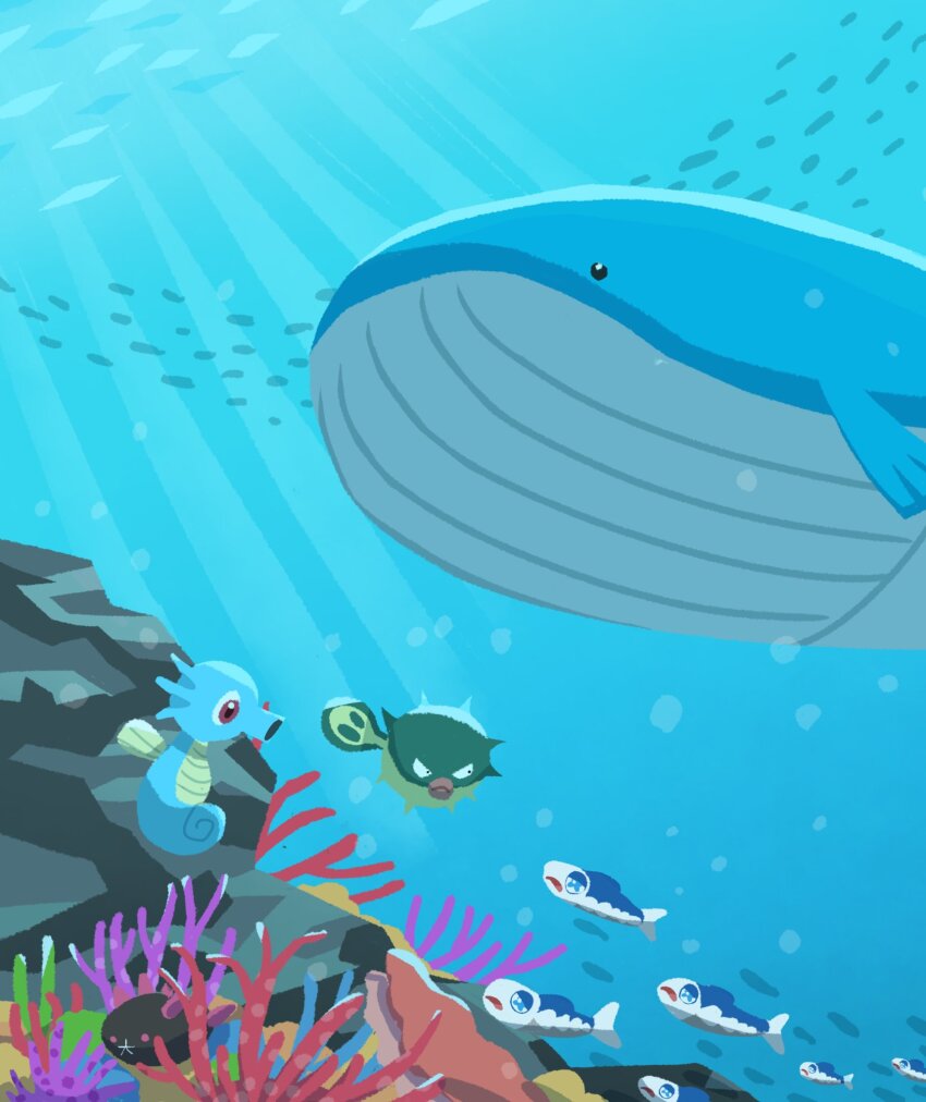 black_eyes brown_eyes closed_mouth commentary_request coral fish gen_1_pokemon gen_2_pokemon gen_3_pokemon gen_7_pokemon highres horsea looking_down nintendo no_humans pokemon pokemon_(creature) pyukumuku qwilfish silhouette tomozo_(muginosukejr) underwater wailord wishiwashi wishiwashi_(solo)