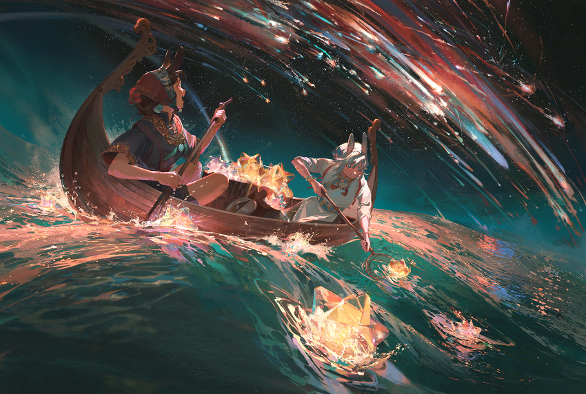 2girls animal_ears blue_eyes boat bracelet brown_eyes brown_hair canoe falling_star grey_hair highres holding holding_oar jewelry multiple_girls night oar open_mouth original pixiescout rabbit_ears rowboat short_hair water watercraft