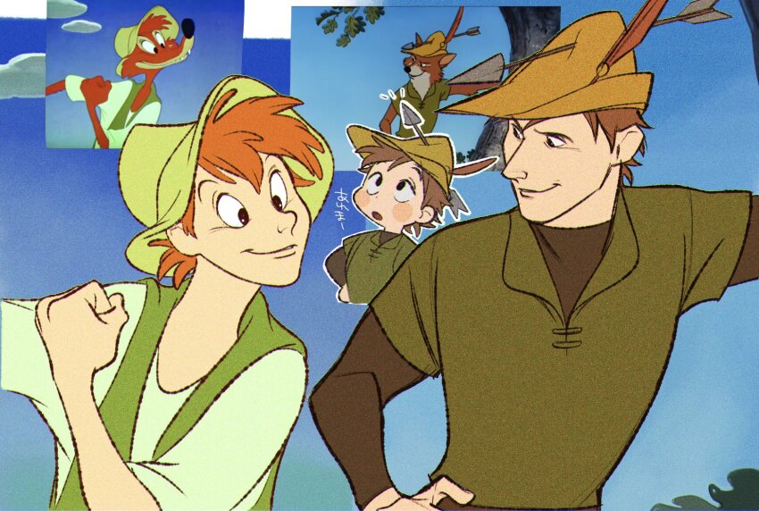 2boys arrow_(projectile) black_eyes blue_sky blush_stickers br&#039;er_fox_(disney) brown_hair brown_hat brown_shirt chibi chibi_inset clenched_hand derivative_work green_tunic green_vest hand_on_own_hip hat hat_feather highres humanization male_focus multiple_boys orange_hair parted_lips reference_inset robin_hood_(disney_character) robin_hood_(disney_movie) screenshot_redraw shirt short_hair sky song_of_the_south translation_request tunic uochandayo vest white_shirt