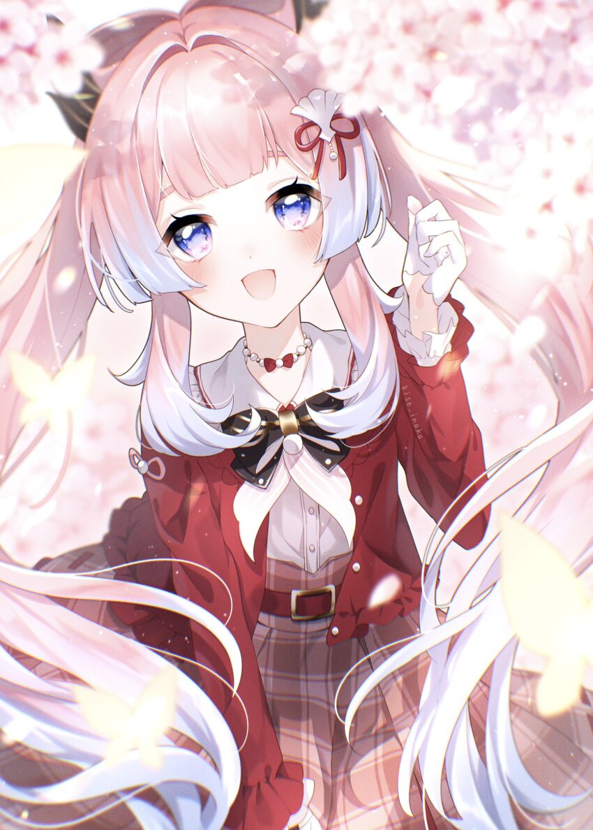 1girl :d alternate_costume bead_necklace beads belt black_bow blue_eyes blunt_bangs blurry blush bow bow-shaped_hair bowtie bug butterfly cherry_blossoms collared_shirt depth_of_field flower frilled_sleeves frills genshin_impact gloves gradient_hair hair_ornament hand_up highres horns insect jacket jewelry kise_inaka long_hair long_sleeves looking_at_viewer multicolored_hair necklace open_clothes open_jacket open_mouth pink_hair plaid_clothes plaid_skirt pleated_skirt purple_eyes red_jacket ribbon sangonomiya_kokomi sangonomiya_kokomi_(sushiro) shirt sidelocks skirt smile solo twintails very_long_hair white_gloves white_shirt