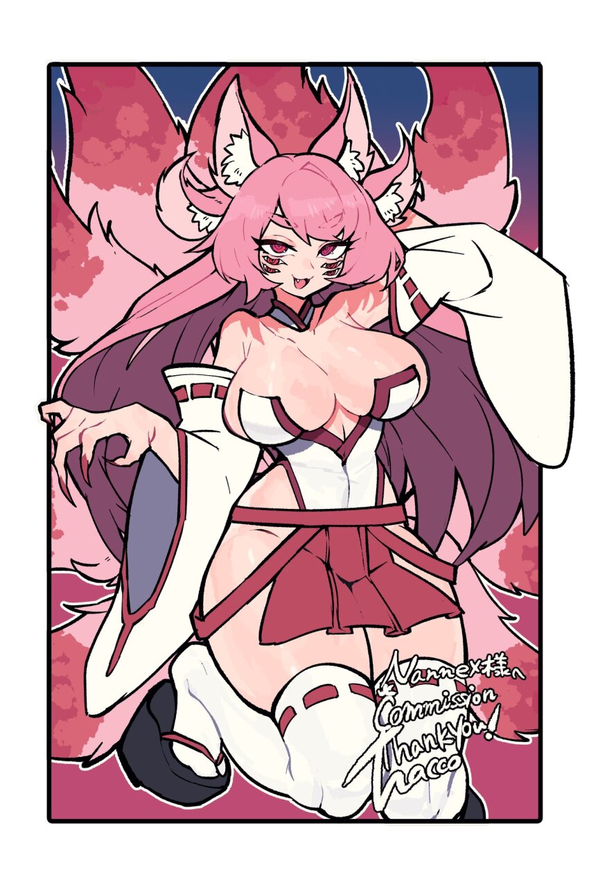 1girl :3 animal_ears arm_behind_head arm_up bare_shoulders black_sandals border borrowed_character breasts cleavage commission covered_erect_nipples cowboy_shot detached_collar detached_sleeves extra_eyes fang fingernails fold-over_collar fox_ears fox_girl gradient_background groin hacco_mayu half-closed_eyes hand_up highres hip_vent kitsune knee_up large_breasts loincloth long_fingernails long_hair looking_at_viewer monster_girl multiple_animal_ears nail_polish nontraditional_miko open_mouth original outline outside_border pink_hair pink_tail platform_sandals plunging_neckline red_eyes red_nails red_trim ribbon-trimmed_sleeves ribbon-trimmed_thighhighs ribbon_trim ringed_eyes sagging_breasts sandals second-party_source skeb_commission solo standing standing_on_one_leg thank_you thick_eyebrows thick_thighs thighhighs thighs v-shaped_eyebrows white_border white_outline white_sleeves white_thighhighs