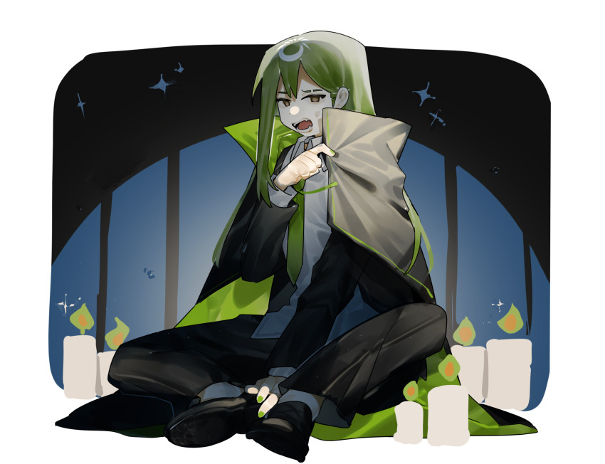 black_cape black_jacket black_pants black_shoes black_suit brown_eyes candle cape collared_shirt dress_shirt fangs formal_clothes green_hair green_nails green_necktie highres jacket lobotomy_corporation long_hair mystical_high_collar necktie netzach_(project_moon) pants project_moon shirt shoes sitting suit toeiki_c vampire white_shirt