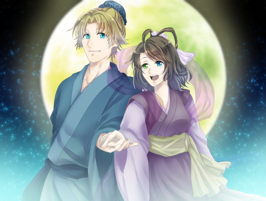 00s 1boy 1girl 8134_ksrg blonde_hair blue_eyes brown_hair chinese_clothes cosplay couple final_fantasy final_fantasy_x hanfu hetero heterochromia hikoboshi hikoboshi_(cosplay) holding_hands orihime_(cosplay) orihime_(tanabata) tidus yuna yuna_(ff10)