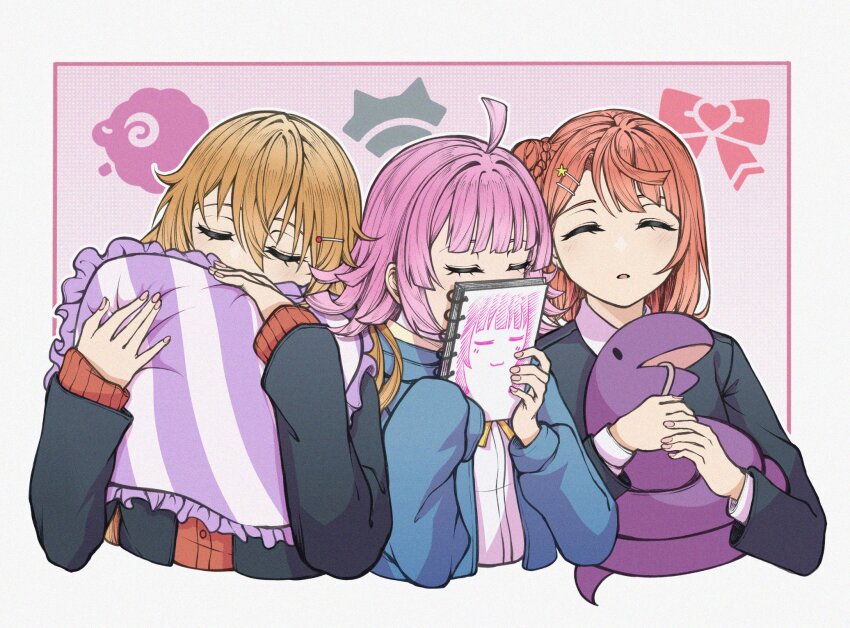 3girls ahoge black_jacket blue_jacket blunt_bangs cardigan closed_eyes collared_shirt commentary_request covered_mouth cropped_torso hair_bun hair_ornament hairclip highres holding holding_pillow holding_sketchbook jacket konoe_kanata long_hair long_sleeves love_live! love_live!_nijigasaki_high_school_idol_club mayo_e multiple_girls nijigasaki_school_uniform orange_cardigan orange_hair parted_lips pillow pink_hair rina-chan_board sasuke_(love_live!) school_uniform shirt single_side_bun sketchbook sleeping tennoji_rina uehara_ayumu upper_body white_shirt winter_uniform
