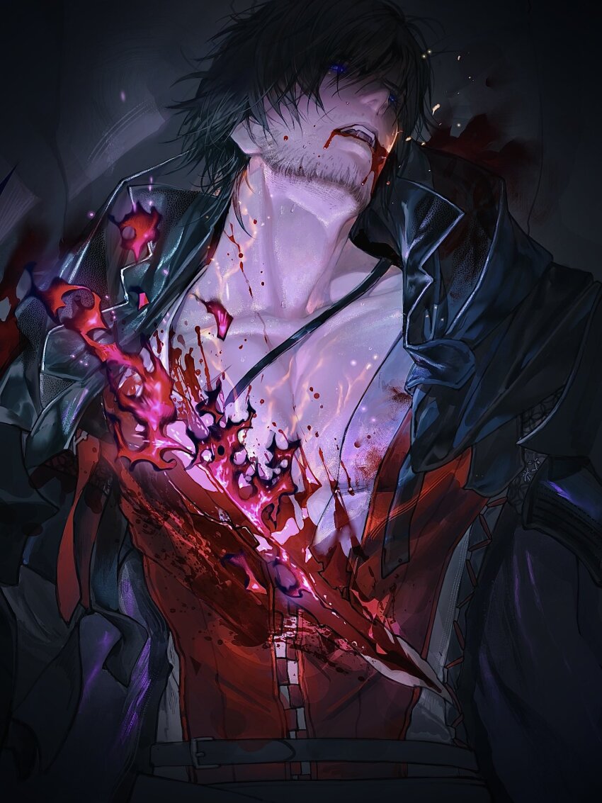 1boy black_cape black_hair blood blood_from_mouth blood_on_chest blue_eyes cape clive_rosfield eboda-x facial_hair facial_tattoo final_fantasy final_fantasy_xvi gloves highres leather leather_vest mustache_stubble red_robe robe stubble tattoo vest