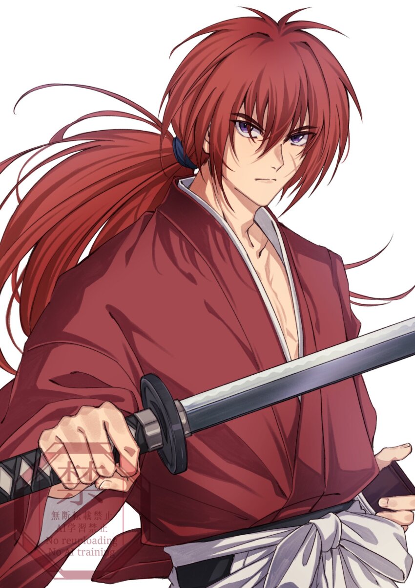 1boy closed_mouth collarbone commentary_request cross_scar facial_scar hair_between_eyes hakama hakama_pants highres himura_kenshin hizuchibunshin holding holding_sheath holding_sword holding_weapon japanese_clothes katana kimono long_hair looking_at_viewer low_ponytail male_focus pants ponytail purple_eyes red_hair red_kimono rurouni_kenshin scar scar_on_cheek scar_on_face sheath solo sword upper_body watermark weapon white_background white_hakama