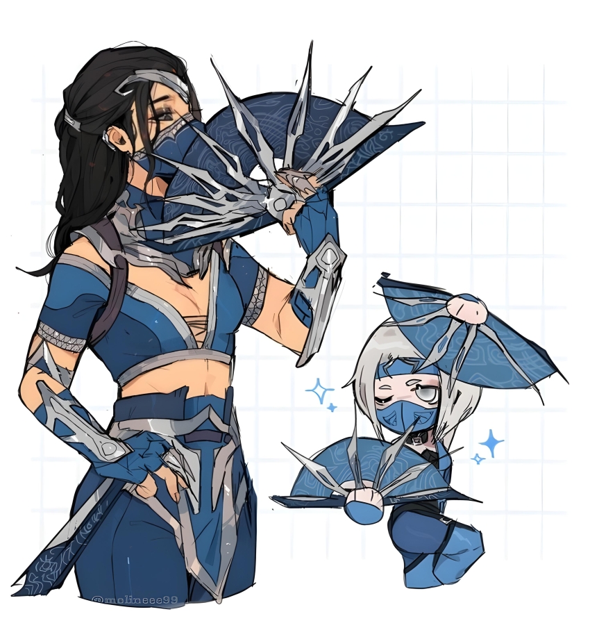 2girls absurdres breasts fan grey_eyes highres khameleon kitana mask mortal_kombat_(series) multiple_girls white_hair