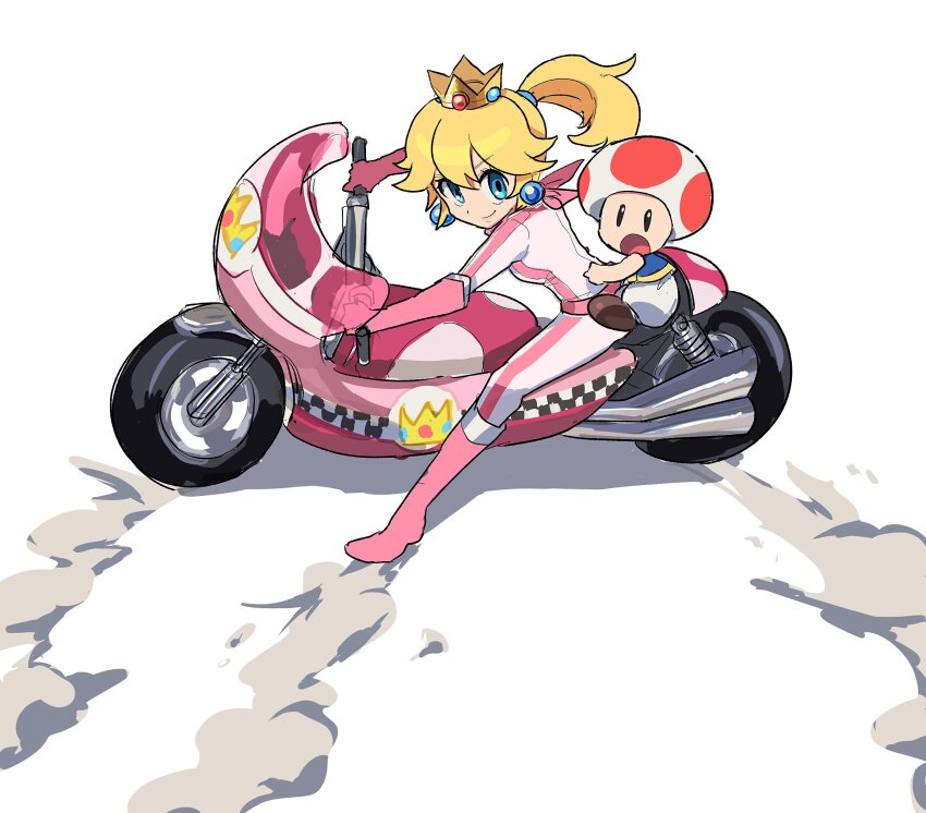 akira_(manga) akira_slide biker_peach black_eyes blonde_hair blue_eyes boots closed_mouth colored_eyelashes commentary_request crown gloves highres korean_commentary long_hair long_sleeves low-tied_long_hair mario_(series) mario_kart mario_kart_wii motor_vehicle motorcycle nintendo nt_26 on_motorcycle open_mouth pink_boots pink_gloves princess_peach red_toad_(mario) smile solid_oval_eyes the_super_mario_bros._movie toad_(mario)