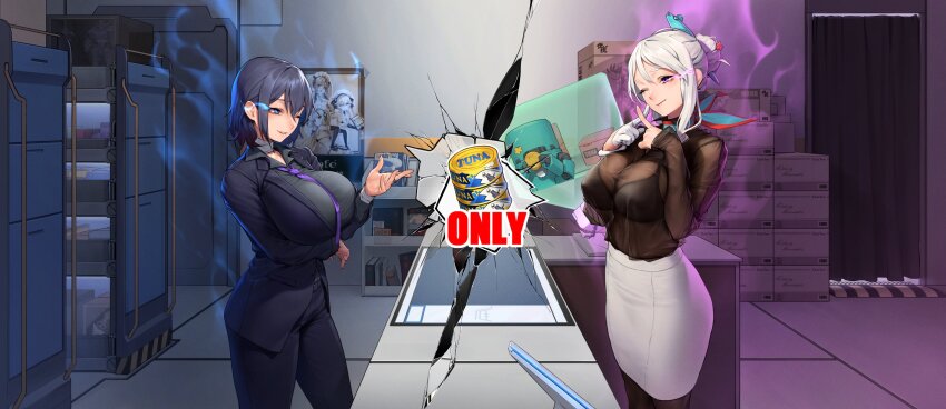 2girls absurdres aqua_scarf arm_under_breasts asymmetrical_bangs aura bandaged_neck bandaged_wrist bandages beeeeen black_bra black_coat black_hair black_pants black_shirt blouse blue_eyes bookshelf box bra bra_visible_through_clothes bracelet breasts brown_pantyhose cabinet can canned_tuna cardboard_box closed_mouth coat collared_shirt commentary_request counter covered_erect_nipples cowboy_shot cracked_screen curtains door english_text eye_contact eye_trail faceoff fatima_(last_origin) fish_hair_ornament game_cg gloves grin hair_between_eyes hair_bun hair_ornament half_gloves hands_on_own_chest highres holding holding_can huge_breasts impossible_clothes impossible_jacket indoors jacket jewelry last_origin light_trail looking_at_another magazine_(object) magazine_rack medium_hair monitor multicolored_scarf multiple_girls necktie nereid_(last_origin) official_alternate_costume official_art one_eye_closed pants pantyhose pencil_skirt poster_(object) purple_eyes purple_necktie red_scarf ring robot scarf see-through_clothes see-through_shirt shirt short_hair sidelocks single_glove single_hair_bun sirene_(last_origin) skirt smile standing star_(symbol) star_hair_ornament taut_clothes taut_skirt taylor_wristcut thetis_(last_origin) underwear white_gloves white_hair white_shirt x_fingers