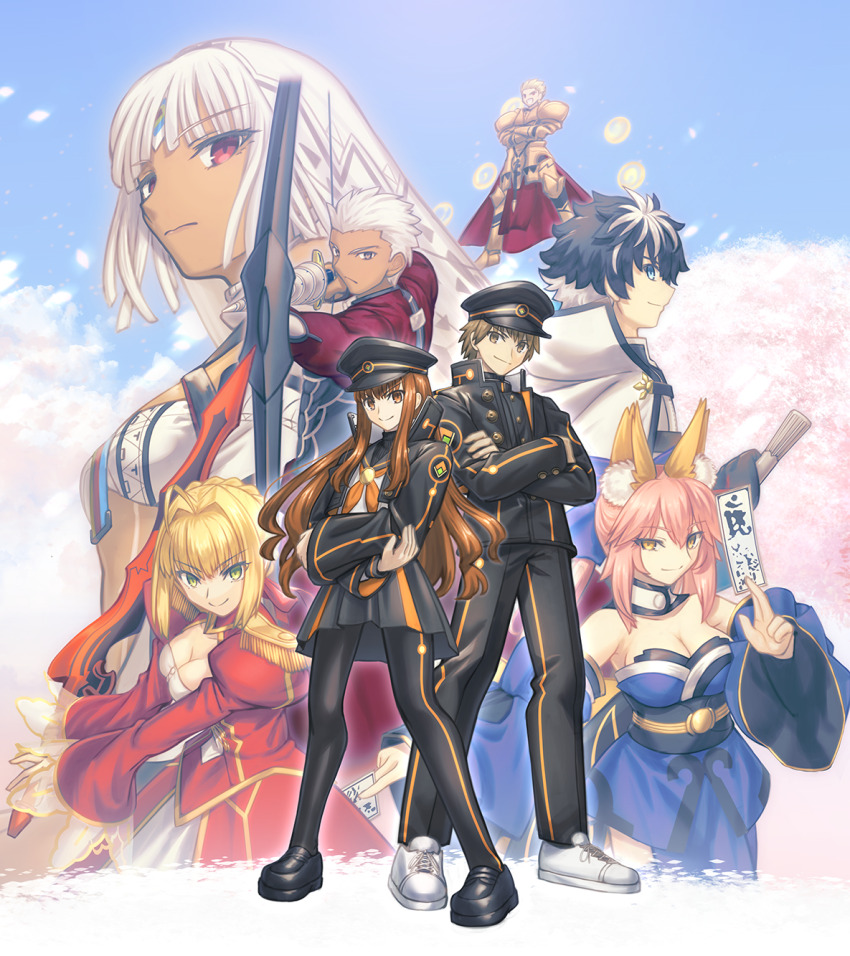 4boys 4girls aestus_estus ahoge altera_(fate) animal_ears archer_(fate) armor black_hair black_jacket black_skirt blonde_hair blue_eyes bow_(weapon) breasts brown_eyes brown_hair charlemagne_(fate) charlemagne_(first_ascension)_(fate) cherry_blossoms cleavage crossed_arms dark-skinned_female dark-skinned_male dark_skin detached_sleeves fate/extella fate/extella_link fate/extra fate/grand_order fate_(series) fox_ears gate_of_babylon_(fate) gilgamesh_(fate) green_eyes hat highres holding holding_sword holding_weapon jacket kishinami_hakuno_(female) kishinami_hakuno_(female)_(mooncancer) kishinami_hakuno_(male) kishinami_hakuno_(male)_(mooncancer) military_hat multiple_boys multiple_girls nero_claudius_(fate) ofuda pink_hair red_eyes sailor_collar shoori_(migiha) skirt smile sword tamamo_(fate) tamamo_no_mae_(fate) veil weapon white_hair