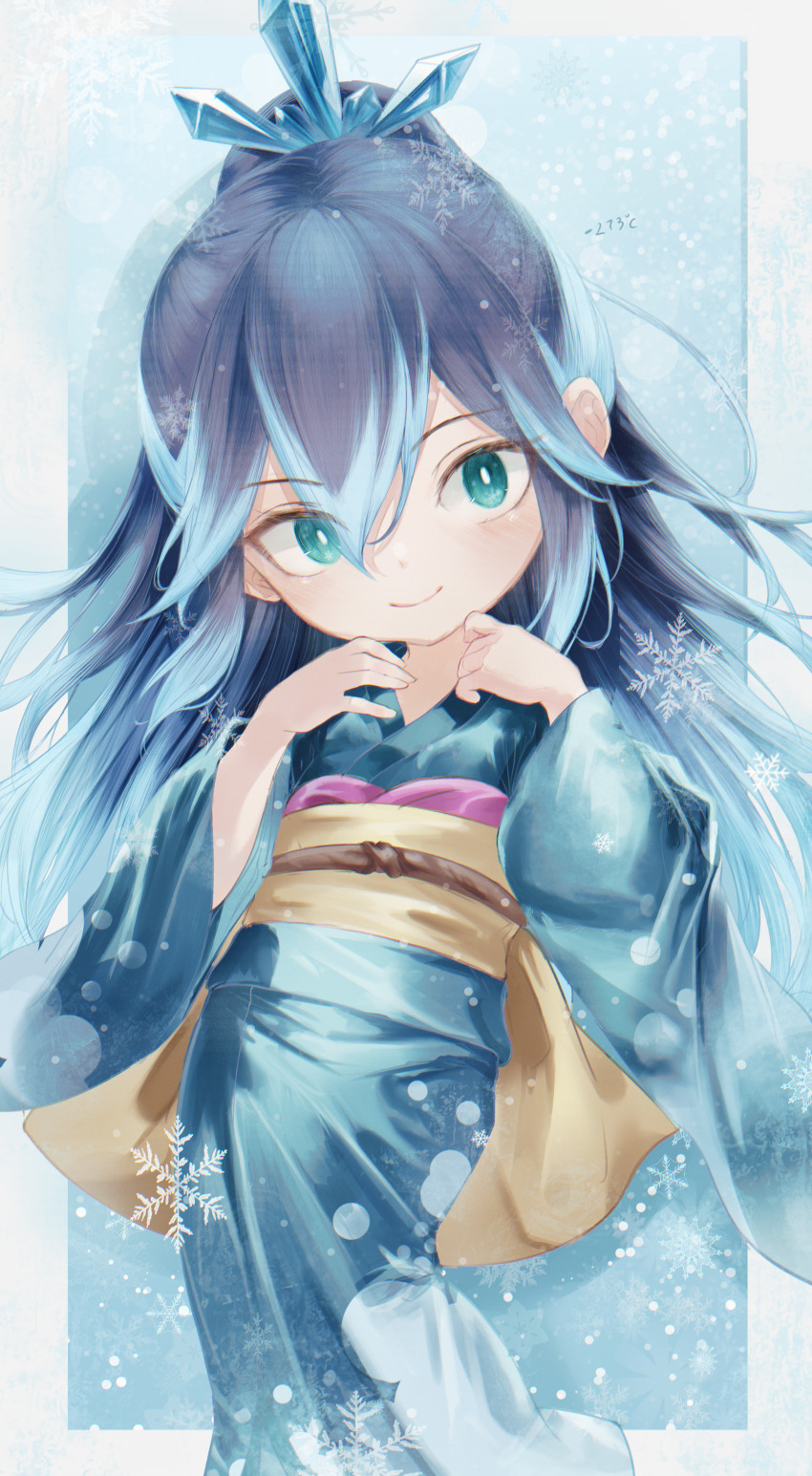 1girl absurdres aqua_eyes blue_hair blue_kimono bright_pupils fubukihime head_tilt high_ponytail highres japanese_clothes kimono long_hair looking_at_viewer multicolored_hair ponytail renoahh smile snowflakes solo traditional_youkai two-tone_hair white_pupils youkai_(youkai_watch) youkai_watch yuki_onna