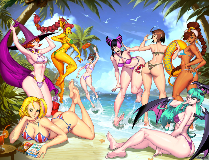 6+girls ass battle_circuit beach bikini blonde_hair braid braided_ponytail breasts cammy_white capcom company_connection crossover dark-skinned_female dark_skin genzoman hair_horns han_juri hat head_wings highres june_lin_milliam justice_gakuen kazama_akira morrigan_aensland multiple_crossover multiple_girls power_stone rouge_(power_stone) smile star_gladiator street_fighter street_fighter_6 swimsuit tabasa darkstalkers warzard water wings witch_hat yellow_beast
