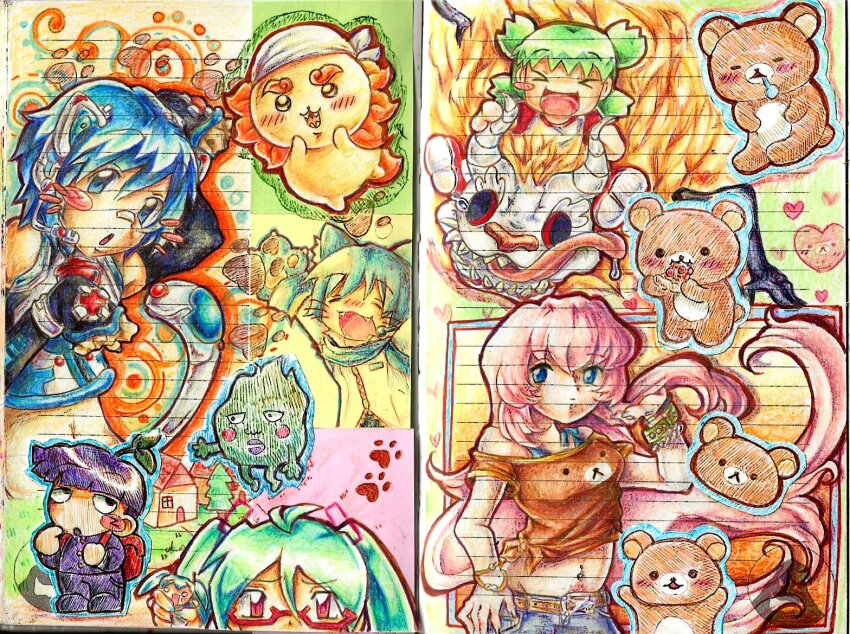 3boys 4girls animal animal_ears animal_hands aqua_hair bear black_hair blue_hair cat_boy cat_ears cat_paws chibi chiikawa colored_pencil_(medium) commentary crossover dual_persona ekubo_(mob_psycho_100) english_commentary green_hair hachune_miku hatsune_miku hatsune_miku_(natural) kageyama_shigeo kaito_(neko_cyber)_(vocaloid) kaito_(vocaloid) koiwai_yotsuba lennardo_(grim_the_end) megurine_luka mini_person minigirl mob_psycho_100 multiple_boys multiple_crossover multiple_girls pink_hair project_diva_(series) quad_tails rilakkuma san-x shisa_(chiikawa) short_hair traditional_media twintails vocaloid yotsubato!