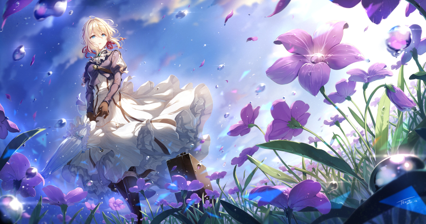 1girl absurdres black_gloves blonde_hair blue_eyes cropped_jacket dress flower formal_clothes gloves hair_between_eyes highres long_sleeves parasol puffy_long_sleeves puffy_sleeves red_ribbon ribbon solo suit tel-o umbrella violet_(flower) violet_evergarden violet_evergarden_(series) water_drop wind