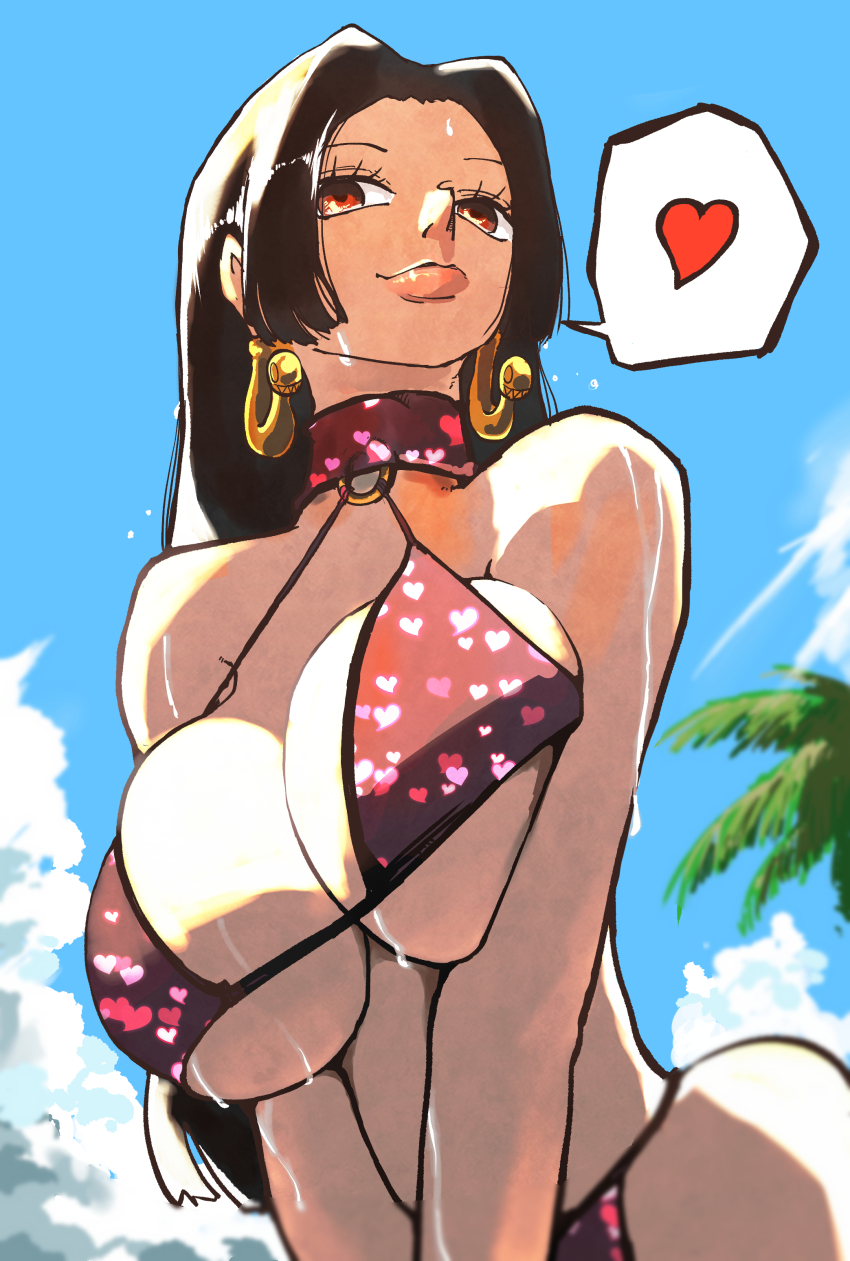 1girl absurdres alternate_costume alternate_eye_color bikini blue_sky blurry_edges boa_hancock breasts breasts_squeezed_together brown_hair cleavage day earrings female_focus from_below hato_hato_hato heart heart_print highres jewelry large_breasts lips long_hair looking_at_viewer nose one_piece outdoors red_bikini red_eyes skindentation sky smile snake_earrings solo speech_bubble spoken_heart swimsuit underboob wet