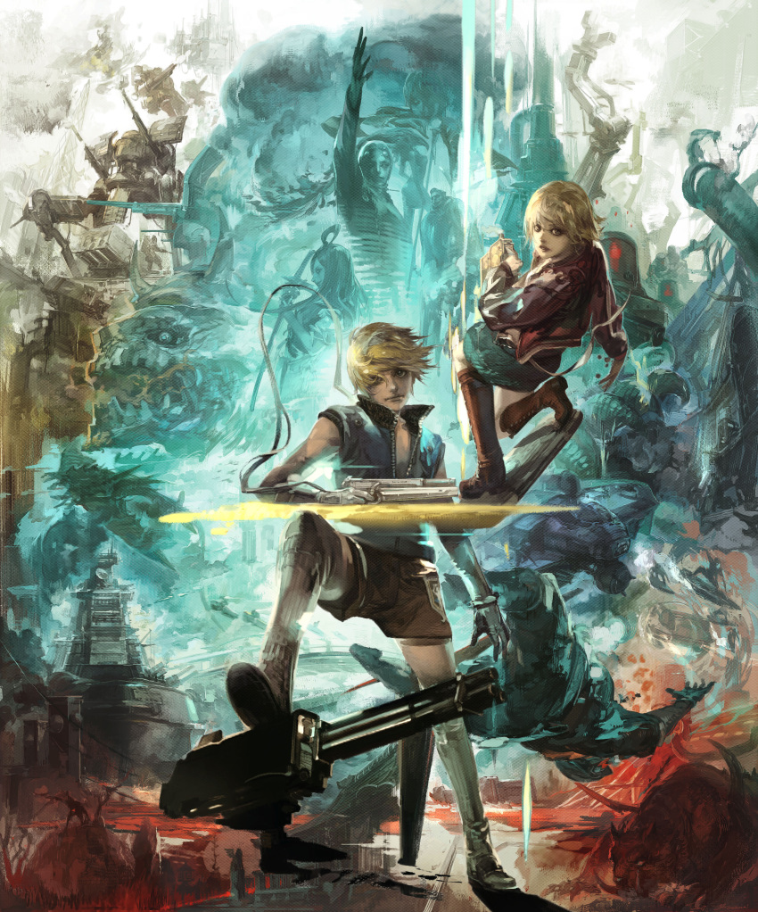 2girls 5boys absurdres amamiya_isa energy_sword gatling_gun gun highres kachi multiple_boys multiple_girls official_art sin_and_punishment sin_and_punishment:star_successor suzuki_yasushi sword treasure_(developer) tsumi_to_batsu:_sora_no_koukeisha weapon
