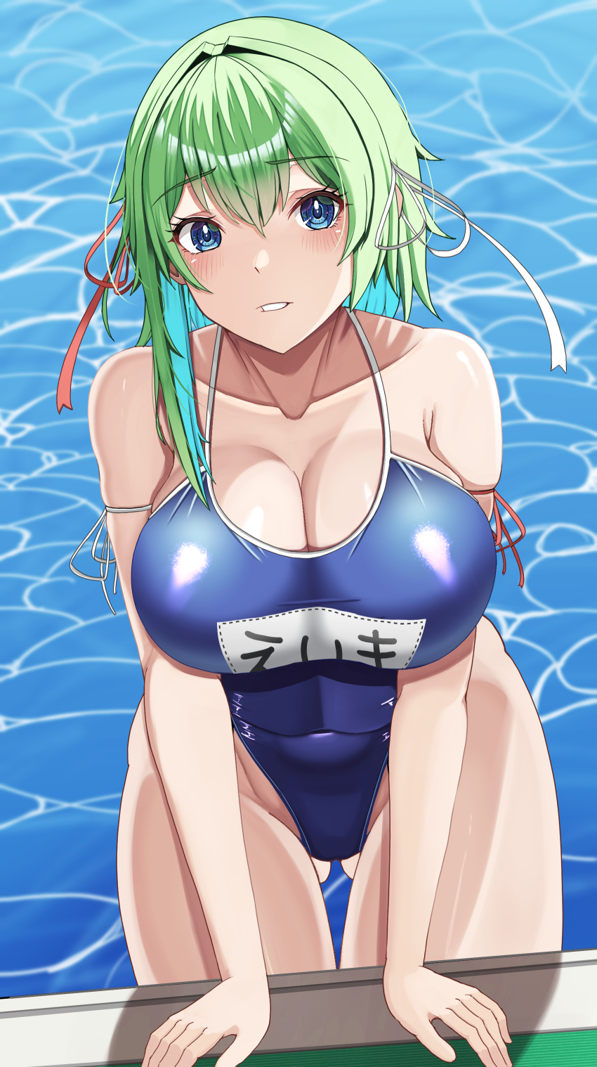 1girl absurdres alternate_breast_size alternate_costume arm_ribbon asymmetrical_hair blue_eyes blush breasts caustics cleavage collarbone commentary_request cowboy_shot green_hair hair_intakes hair_ribbon highleg highleg_one-piece_swimsuit highres hossy large_breasts leaning_forward long_hair looking_at_viewer one-piece_swimsuit parted_lips poolside red_ribbon ribbon school_swimsuit shiki_eiki shiny_skin solo swimsuit touhou water white_ribbon