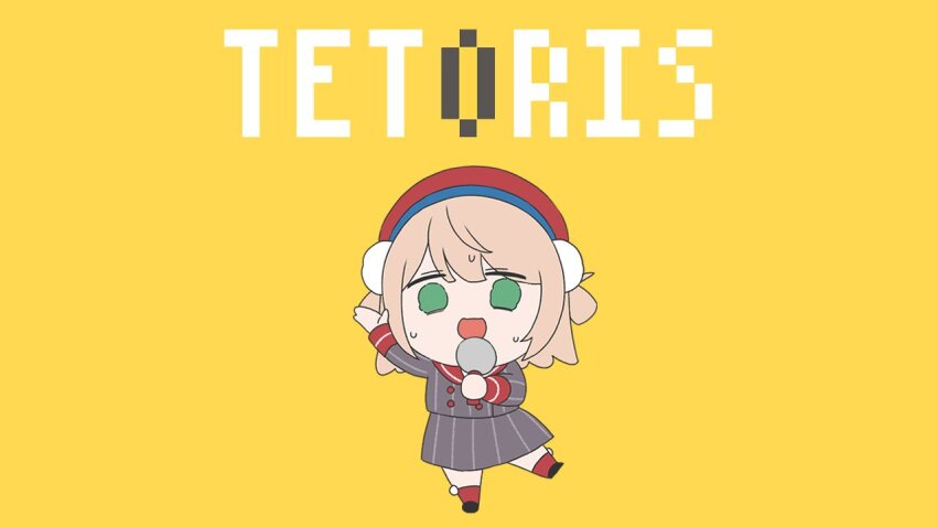 1girl arm_up beret black_footwear blonde_hair chibi commentary_request double-parted_bangs full_body green_eyes grey_jacket grey_skirt hair_between_eyes hair_ornament hat holding holding_microphone indie_virtual_youtuber jacket leg_up long_sleeves microphone official_art open_mouth pinstripe_jacket pinstripe_pattern pinstripe_skirt pom_pom_(clothes) pom_pom_hair_ornament red_hat red_sailor_collar red_socks sailor_collar sailor_jacket shigure_ui shigure_ui_(vtuber) shigure_ui_(vtuber)_(1st_costume) simple_background skirt skirt_set sleeve_cuffs socks solo song_name standing standing_on_one_leg sweat swept_bangs tetoris_(synthesizer_v) video_thumbnail virtual_youtuber yellow_background