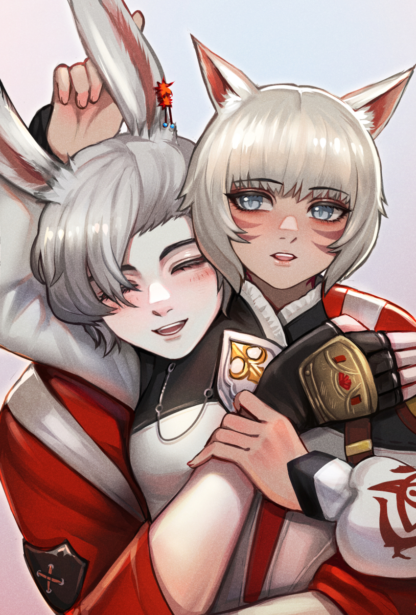 1boy 1girl animal_ear_fluff animal_ears cat_ears closed_eyes commentary_request dark-skinned_female dark_skin facial_mark facing_viewer final_fantasy final_fantasy_xiv fingerless_gloves gloves grey_background grey_hair hairtail hand_on_another&#039;s_arm happy hetero highres hug hug_from_behind looking_at_another miqo&#039;te neck_tattoo open_mouth rabbit_ears short_hair smile swept_bangs tattoo upper_body viera warrior_of_light_(ff14) white_hair y&#039;shtola_rhul