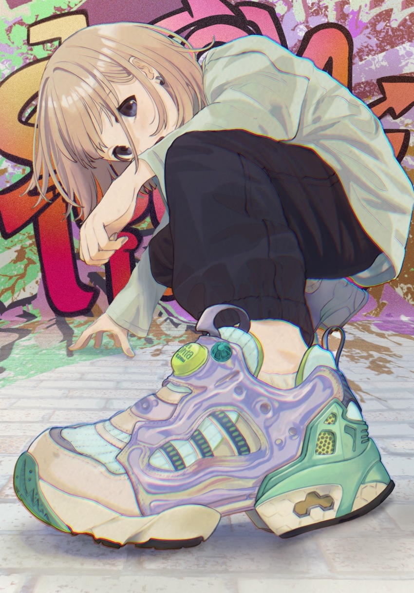 1girl animal_ears black_pants close-up drip_(meme) footwear_focus graffiti grey_hair grey_shirt highres idolmaster idolmaster_shiny_colors looking_at_viewer outdoors pants reebok reebok_pump serizawa_asahi shirt shoes sneakers solo squatting tanupon