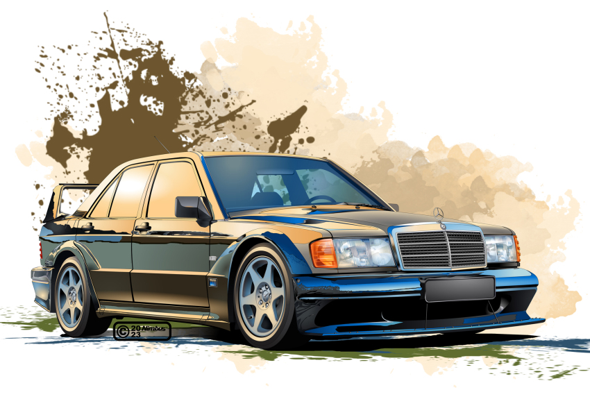 2023 artist_name black_car car commentary_request highres left-hand_drive mercedes-benz mercedes-benz_190e motor_vehicle nimbus_goldbrum no_humans original realistic rear-view_mirror spoiler_(automobile) steering_wheel vehicle_focus