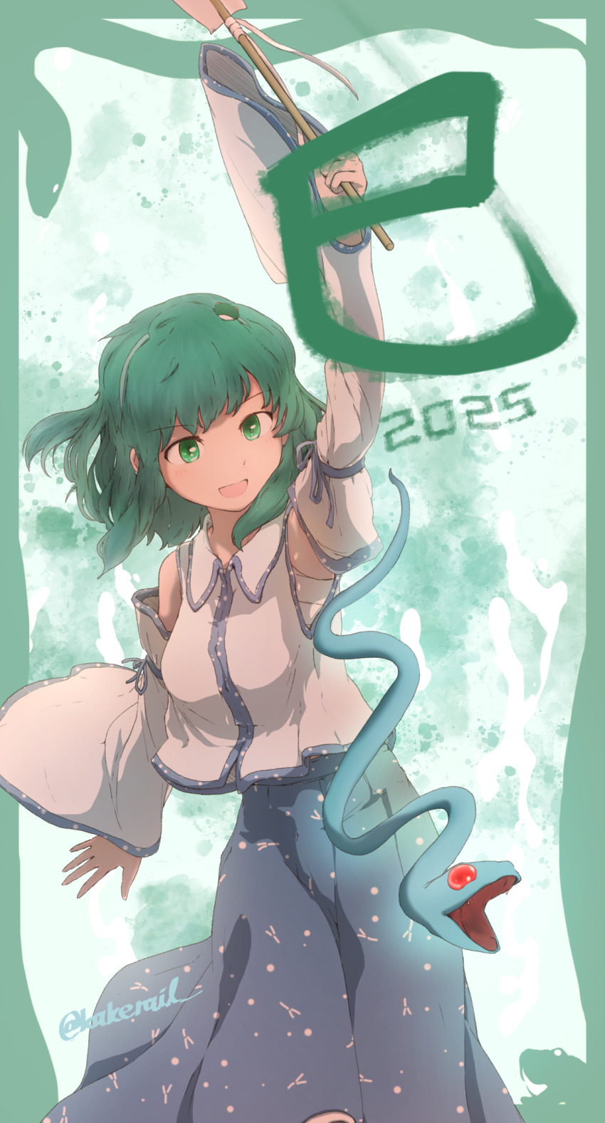 1girl 2025 blue_skirt breasts chest_sarashi chinese_zodiac commentary_request detached_sleeves female_focus frog_hair_ornament gohei green_eyes green_hair hair_ornament highres holding holding_gohei kakera_(comona_base) kochiya_sanae long_hair matching_hair/eyes open_mouth sarashi skirt smile snake solo touhou twitter_username year_of_the_snake