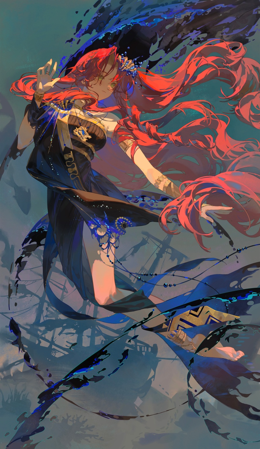 1girl absurdres bare_shoulders barefoot black_dress breasts closed_mouth dress full_body green_eyes hair_ornament highres lege_bushi_shiwu long_hair looking_to_the_side red_hair reverse:1999 solo sophia_(manus_vindictae)_(reverse:1999) sophia_(reverse:1999) underwater very_long_hair
