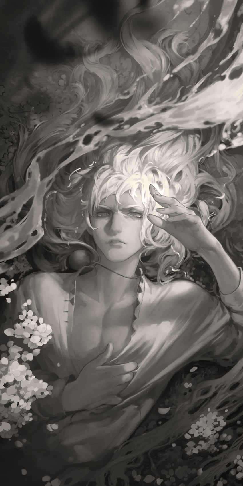 1990s_(style) 1boy absurdres berserk greyscale griffith_(berserk) highres hunsay long_hair male_focus monochrome realistic retro_artstyle solo