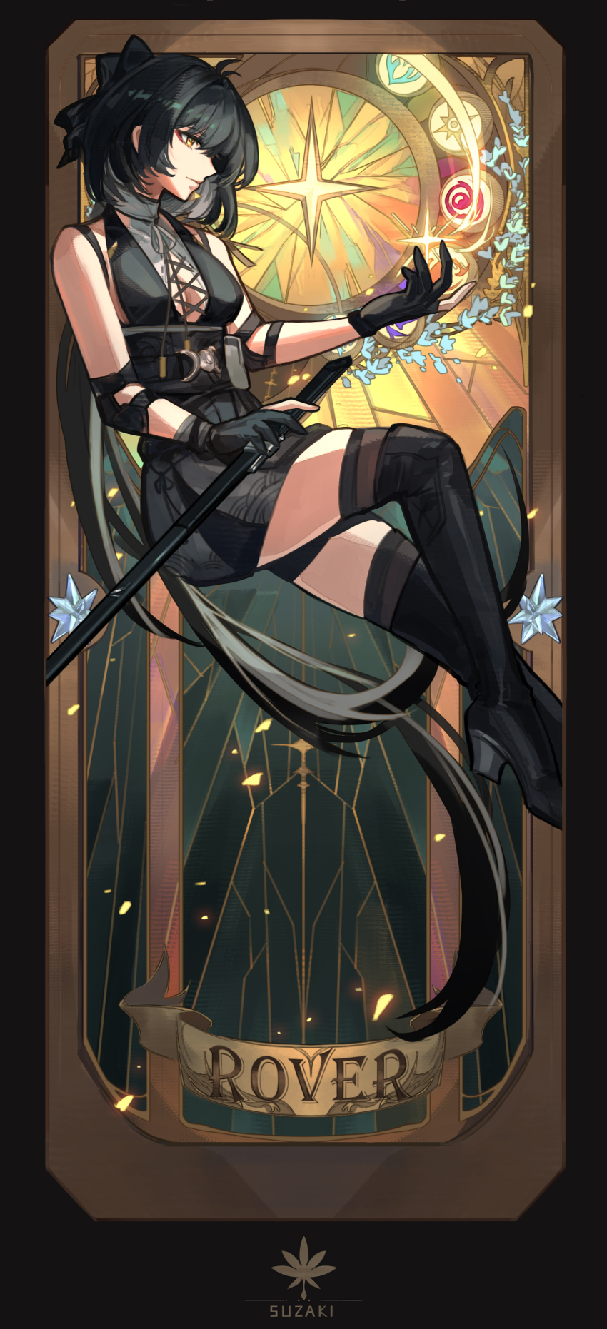 1girl absurdres artist_logo bare_shoulders black_boots black_bow black_gloves black_hair black_thighhighs boots bow card_(medium) character_name closed_mouth commentary cross-laced_clothes cross-laced_dress dress elbow_pads english_commentary female_rover_(wuthering_waves) from_side gloves hair_bow hand_up highres logo long_hair looking_at_object partially_fingerless_gloves rover_(wuthering_waves) sleeveless sleeveless_dress solo steve_zheng thigh_boots thighhighs thighhighs_under_boots thighs very_long_hair wuthering_waves yellow_eyes