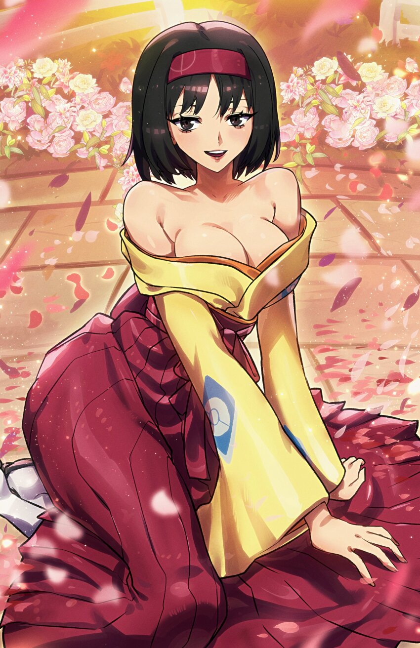 1girl absurdres black_eyes black_hair breasts cleavage erika_(pokemon) highres japanese_clothes kimono kneeling large_breasts nintendo off_shoulder petals pokemon pokemon_frlg ryairyai solo yellow_kimono