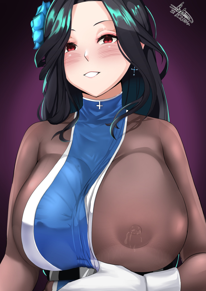 1girl absurdres bodysuit bodysuit_under_clothes breasts goddess_of_victory:_nikke highres lactation large_breasts madsdross maiden_(ice_rose)_(nikke) maiden_(nikke) mature_female nun skin_tight skinsuit