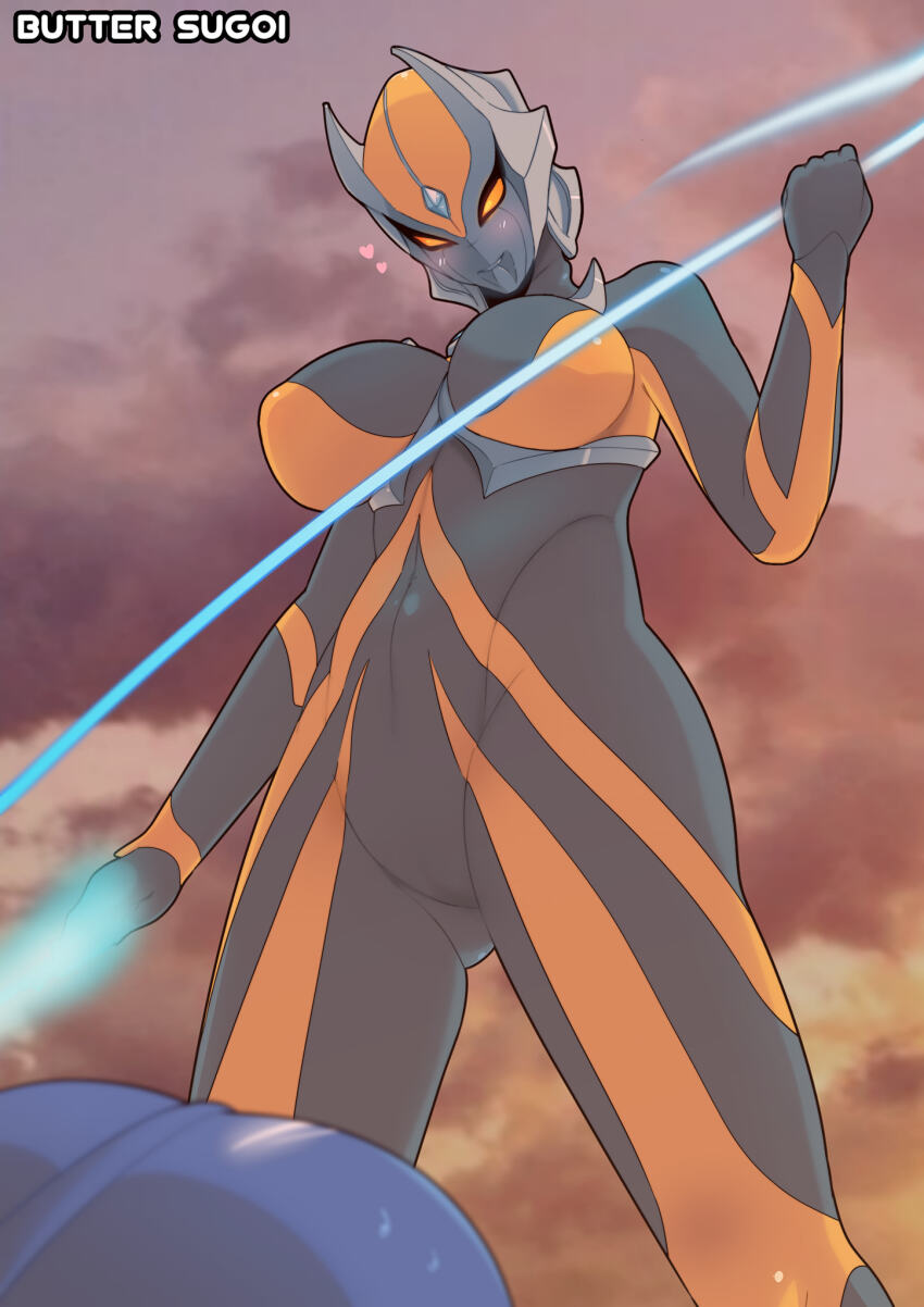 1girl alien artist_name blush breasts butter_sugoi camearra cloud commentary energy energy_whip from_below giant giantess glowing gluteal_fold heart highres holding holding_whip large_breasts orange_eyes orange_sky original seijin sky supervillain tsuburaya_productions ultra_series ultraman_tiga:_the_final_odyssey ultraman_tiga_(series) weapon whip