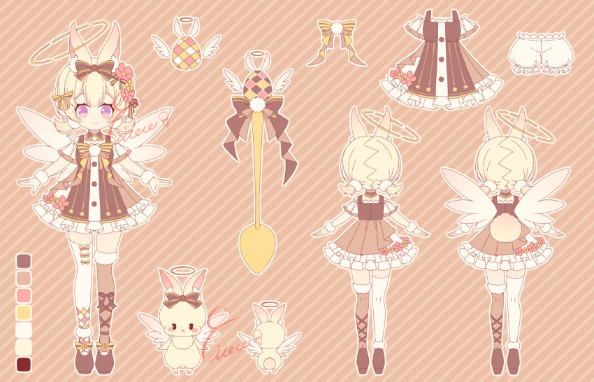 1girl animal_ear_fluff animal_ears asymmetrical_legwear bare_shoulders blonde_hair bloomers bow bowtie brown_background brown_shoes brown_thighhighs closed_mouth color_guide commentary_request dress easter_egg egg flat_color flower frilled_dress frills full_body fur-trimmed_thighhighs fur_trim fur_wrist_cuffs hair_bow hair_flower hair_ornament high_heels hyou_(pixiv3677917) looking_at_viewer mismatched_legwear multiple_views off-shoulder_dress off_shoulder original outline purple_eyes rabbit rabbit_ears rabbit_girl rabbit_tail reference_sheet shoes short_hair short_sleeves signature smile spoon standing straight-on striped_background tail thighhighs underwear white_bloomers white_outline white_thighhighs white_wings wings wrist_cuffs yellow_bow yellow_bowtie zettai_ryouiki